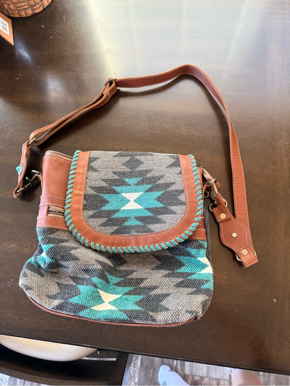 Myra Bag Brown Leather Shoulder Bag with Turquoise & Gray Pattern